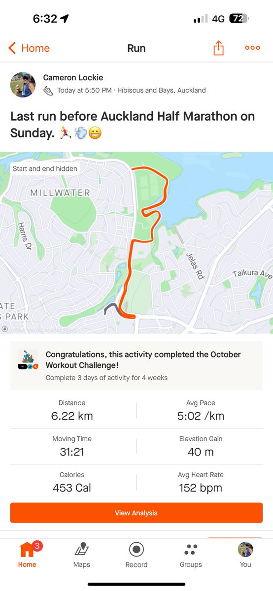 Last run before Auckland Half Marathon on Sunday. 🏃‍♂️💨😬