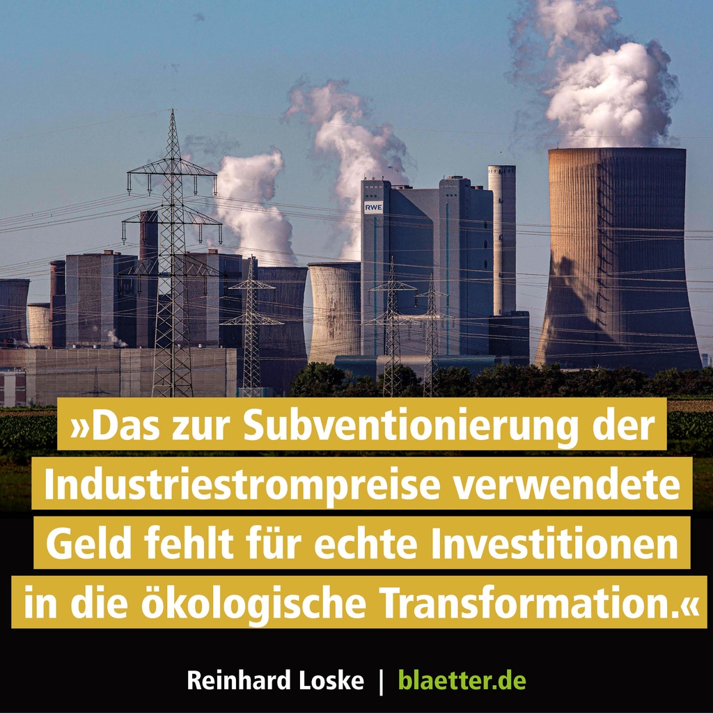 Grüne und SPD wollen mit einem subventionierten Strompreis die deutsche Industrie schützen. Ein vollkommen falscher Ansatz, so Reinhard Loske. Denn der #Brückenstrompreis ist sozial ungerecht und wird die #Energiewende ausbremsen: blaetter.de/ausgabe/2023/n…