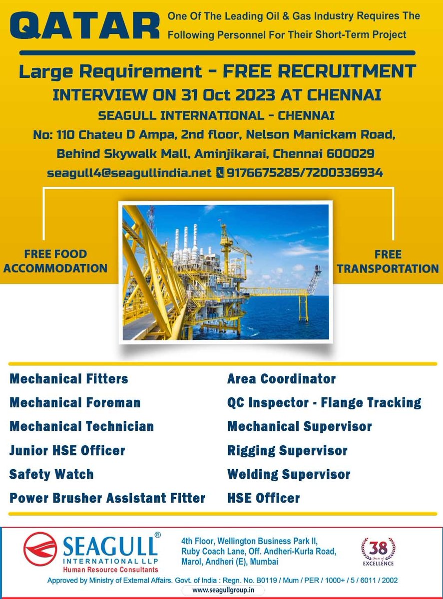 hrd1_seagull's tweet photo. 🇶🇦Qatar Jobs
‼️Free Recruitment - Lagre Requirement
✔️Short Term Project
📍Client Interview On 31st October 2023 In Chennai
.
.
.
#qatarjobs #seagull #chennaijobs #mechanicalfitters #mechanicalforeman #safetywatch #areacoordinator #riggingsupervisor #hseofficer https://t.co/YJ27VrrUoL