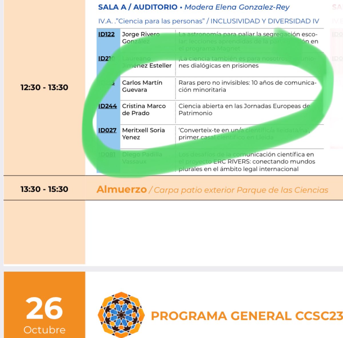Hoy en #CCSC23, a las 12,30, <a href="/carlosmguevara/">Carlos M. Guevara</a>, quien impulsó junto a vosotroxs, Raras <a href="/NoInvisibles/">RarasNoInvisibles</a>, el proyecto q mantiene <a href="/sombradoble/">Sombradoble</a>, lo expondrá ante el grueso de la divulgación española, en el espacio “Ciencia para las personas”
Las #EERR #visibles‼️
aecomunicacioncientifica.org/programa/