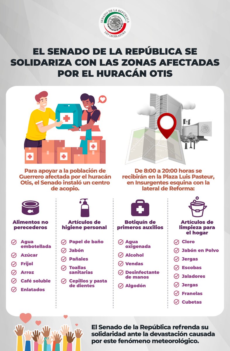 📌 El Senado instala centro de acopio en apoyo a la población damnificada por el huracán #Otis en Guerrero.
Convoca a donar productos no perecederos en la sede de la Cámara de Senadores de 8 a 20 horas.
