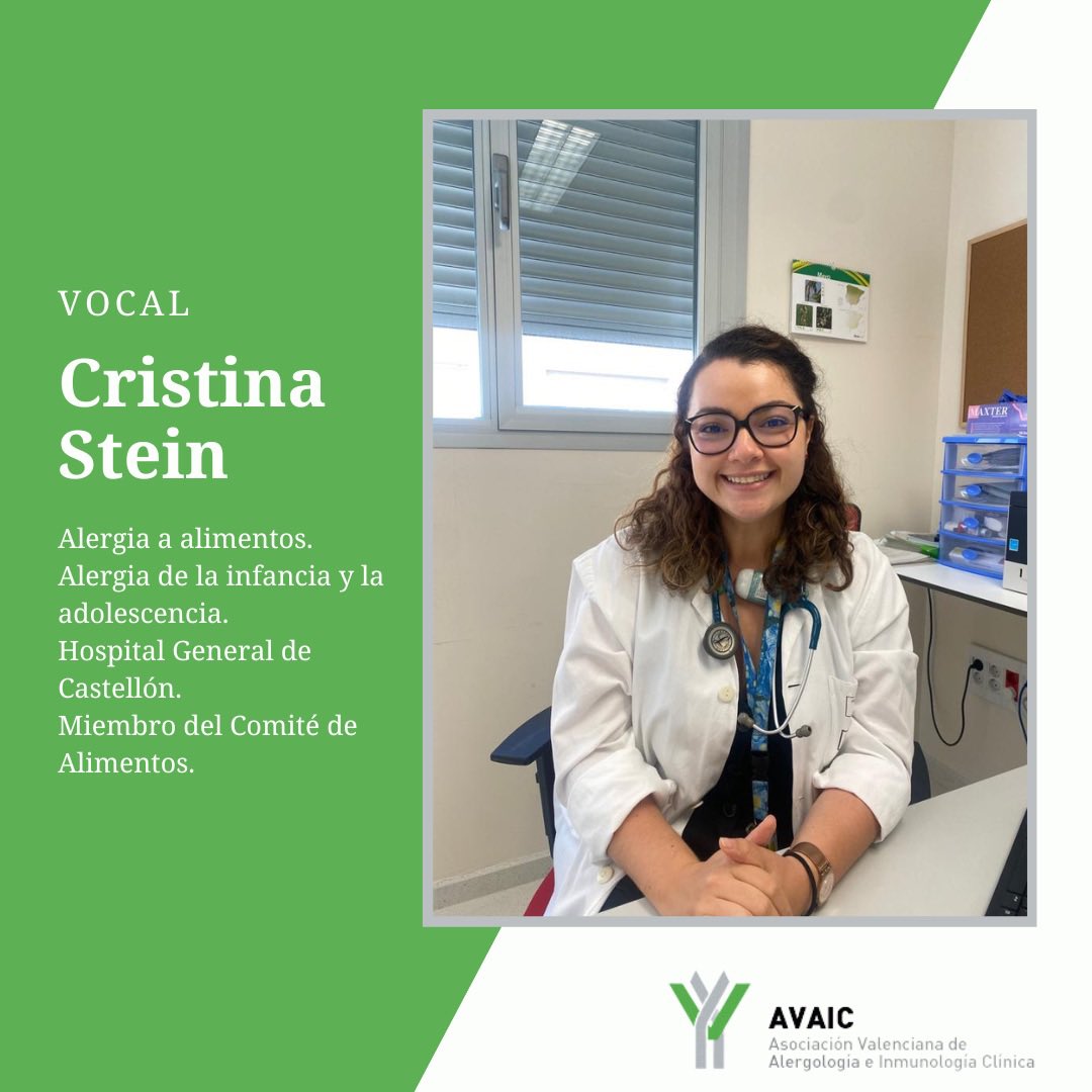 👩‍⚕️Cristina Stein, la tercera de las vocales de la #AVAIC.
Estas son sus áreas de interés:
🥚 #Alergia a alimentos
👧 Alergia de la infancia y la adolescencia
🏥 Hospital General de Castellón
🍱 Miembro del Comité de Alimentos