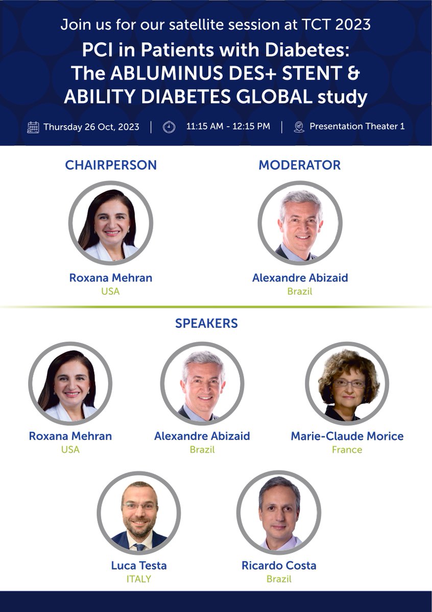 conceptmedicals's tweet photo. Don't miss out on today's satellite session at #TCT2023! We'll be diving deep into PCI in Patients with Diabetes, with a focus on the groundbreaking Abluminus Des+ Stent and the Ability Diabetes Global Study. �� Get ready for enlightening perspectives from distinguished experts, including Roxana Mehran, Dr. Alexandre Abizaid, Marie-Claude Morice, Luca Testa, and Ricardo Costa.
#Interventionalcardiology
#cardiologist
@crfheart