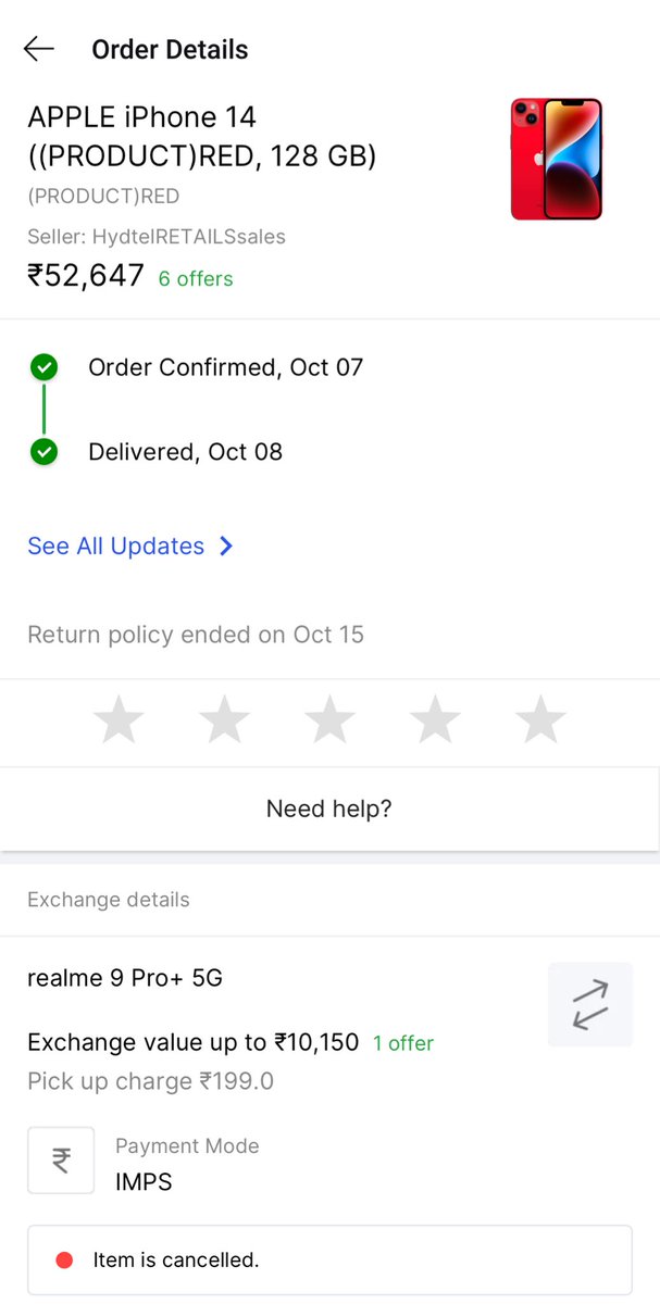 Vickycenation93's tweet photo. I bought an iPhone on big billion day 1 availing exchange offer with lateral pickup. In app, pick up date - 20/10. But without contacting me or coming for pickup, it got cancelled. Is that offer a gimmick to make people buy premium products &amp; canceling it later @Flipkart #Cheated https://t.co/xoNheXYm05