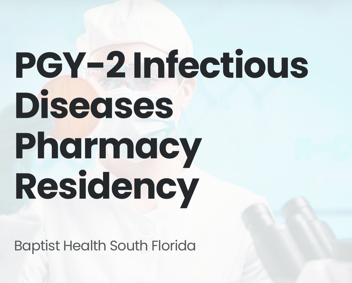 🔔 Please share, <a href="/BHAcademics/">Baptist Health Academics</a> is recruiting for a PGY2 infectious diseases pharmacy resident. 

🤩 9 BCIDP preceptors. 9 preceptors with PGY2 training in ID. Attendance at IDweek, MAD-ID, ASHP MCM, and ECCMID. Exposure to a system with 12 hospitals, &gt;100 outpatient centers, home