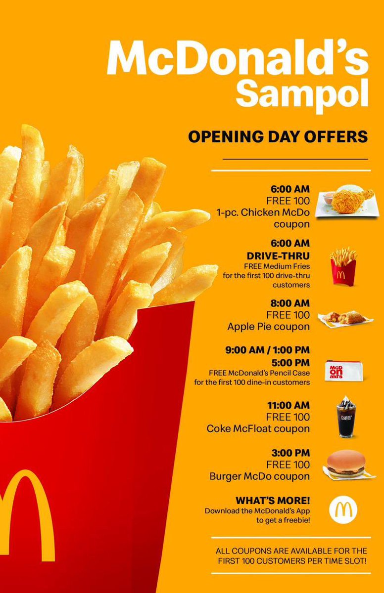 mainedcm's tweet photo. So happy and excited to announce that we will be opening our new store in Bulacan! Be the first to experience McDonald's Sampol!

Join us on October 28, 2023 Saturday, 6AM along Dr. Eduardo V. Roquero Avenue. Brgy. Bagong Buhay, City of San Jose Del Monte, Bulacan.

We have loooots of activities and opening day offers prepared for everyone. 6AM palang madami na tayong pagsasaluhan! 

Kitakits sa Sabado sa McDo Sampol! ❤️

@McDo_PH