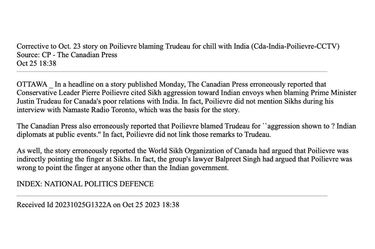 PierrePoilievre's tweet photo. BREAKING: Canadian Press forced to retract three separate “erroneous statements” from one story alone. 

It was another false hit piece now thoroughly discredited. 

Remember that next time they attack me. https://t.co/DOZIPCfOD2