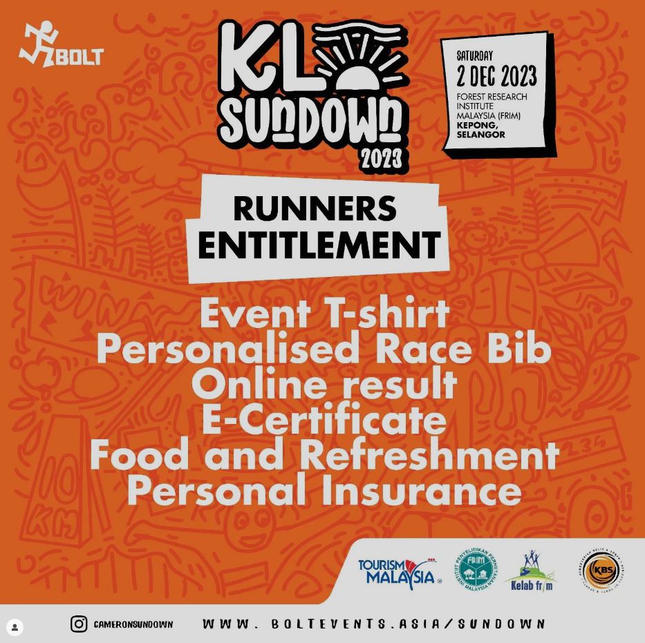 FRIMKepong's tweet photo. 𝗞𝗟 𝗦𝘂𝗻𝗱𝗼𝘄𝗻 𝟮𝟬𝟮𝟯 
📅2/12/23
📌@FRIMKepong

Registration : https://t.co/nsiR7kHGnk

🏃12 jam SOLO 
🏃12 jam DUO RELAY 
🏃6 jam SOLO 
🏃9km JUNIOR [1 pusingan sahaja]

#KLSundown2023 #BoltEvents #IntoTheWild #Nature #FRIMKepong #RunFromDawnToDusk #MajulahSukanUntukFRIM https://t.co/o3T9DoAvlF