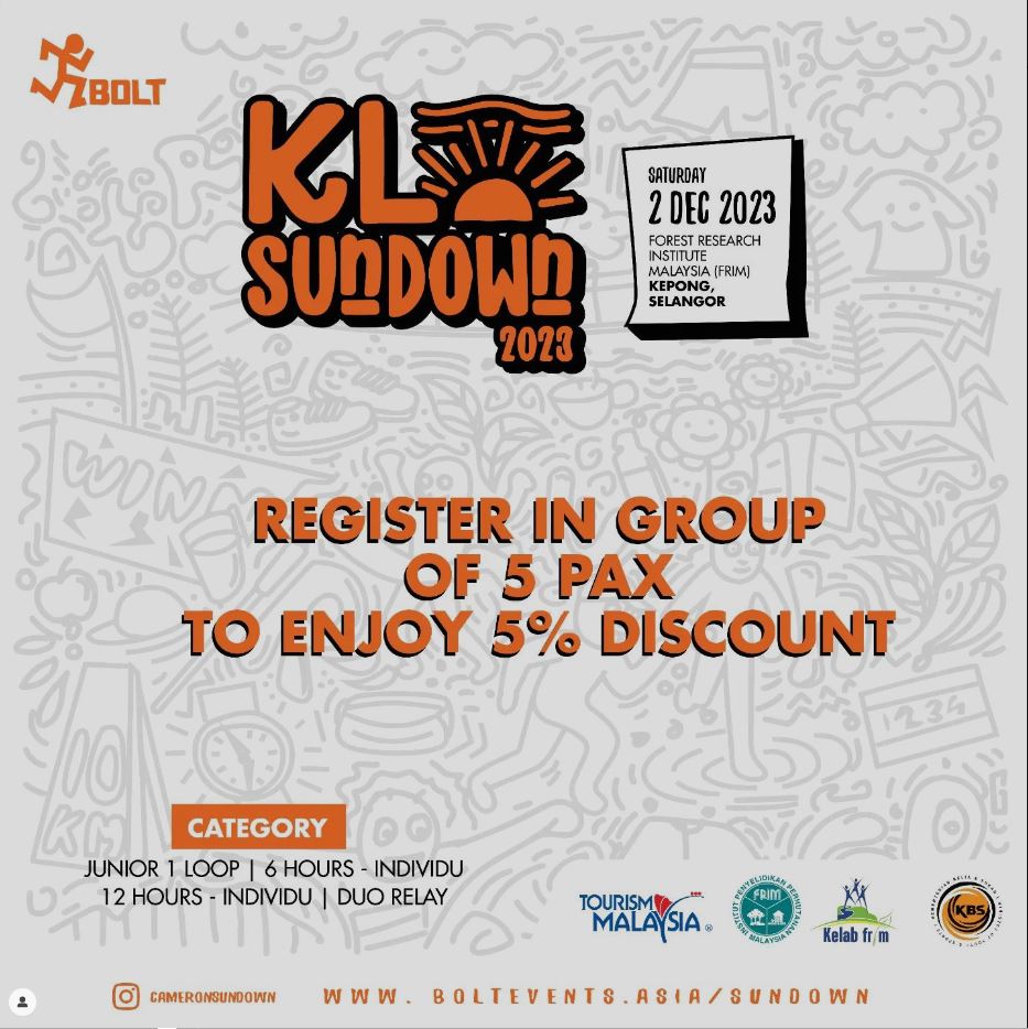 FRIMKepong's tweet photo. 𝗞𝗟 𝗦𝘂𝗻𝗱𝗼𝘄𝗻 𝟮𝟬𝟮𝟯 
📅2/12/23
📌@FRIMKepong

Registration : https://t.co/nsiR7kHGnk

🏃12 jam SOLO 
🏃12 jam DUO RELAY 
🏃6 jam SOLO 
🏃9km JUNIOR [1 pusingan sahaja]

#KLSundown2023 #BoltEvents #IntoTheWild #Nature #FRIMKepong #RunFromDawnToDusk #MajulahSukanUntukFRIM https://t.co/o3T9DoAvlF