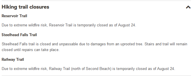 brilang's tweet photo. @bchydro Can you please update your Hayward Lake Rec Site trail report? Some of these wildfire closures are two months old and don't seem relevant anymore. https://t.co/hZcqW7Z0uB