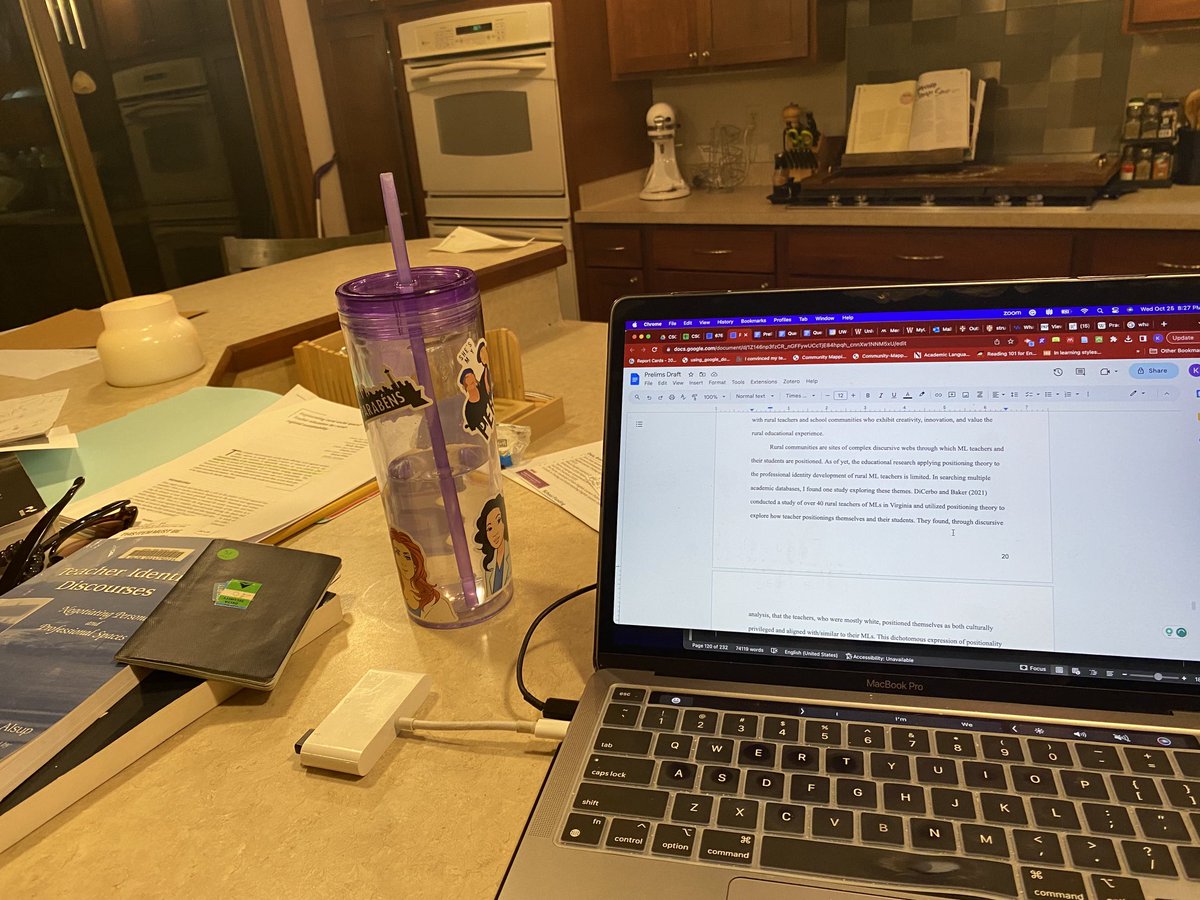 #prelims update: Day 3, question 1, 20 pages so far…my back hurts. Getting the background and lit review done was fairly smooth…theoretical framing is slow-going. I also took the dog to the vet and made French onion soup from scratch! #ruraled #mll #teachered #phdmama #firstgen