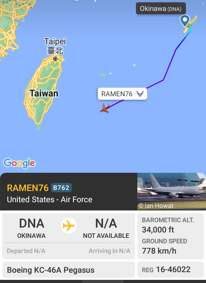 Oceanworldfree's tweet photo. ๐บ๐ฒUSAF RAMEN76 16-46022 #AE5BC7 heading to #BashiChannel is underway
Boeing KC-46A Pegasus https://t.co/4w8efYaDxl