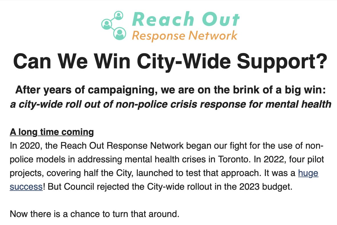 Toronto is on the brink of a big step forward, a City-wide rollout of non-police response to mental health Crises. Lear more at bit.ly/RORNcity-wide