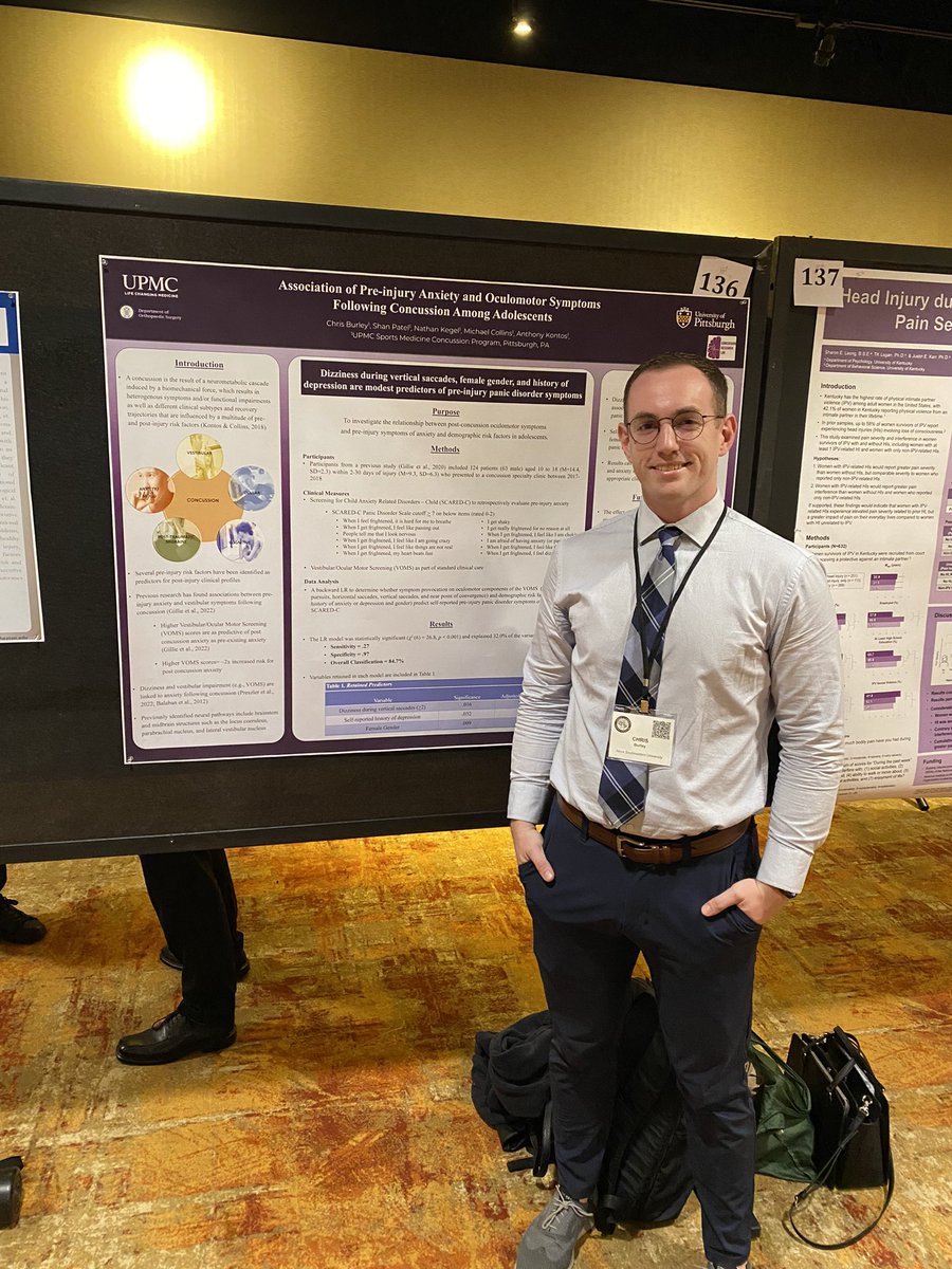 UPMC_Concussion's tweet photo. Senior fellow @cburley1 presents a poster on the relationship between pre-injury ancient and oculomotor symptoms in adolescents following concussion at #NAN2023 https://t.co/7opB6d3Vn1