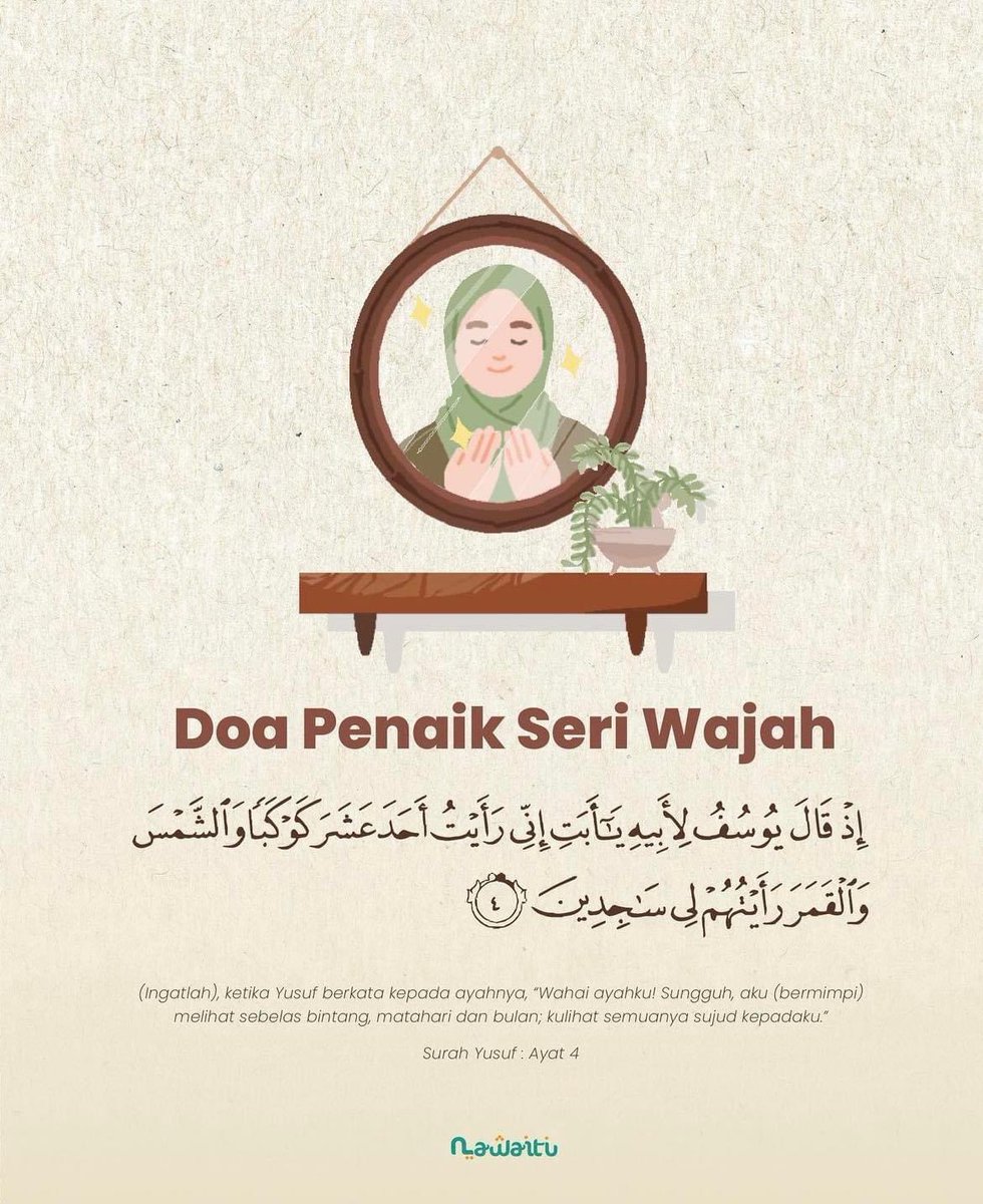Doa Nabi Yusuf supaya wajah lebih berseri dan cantik.

Khas untuk semua wanita yang ingin dilihat cantik setiap masa boleh amalkan doa ini dalam kehidupan seharian.

Semoga bermanfaat.