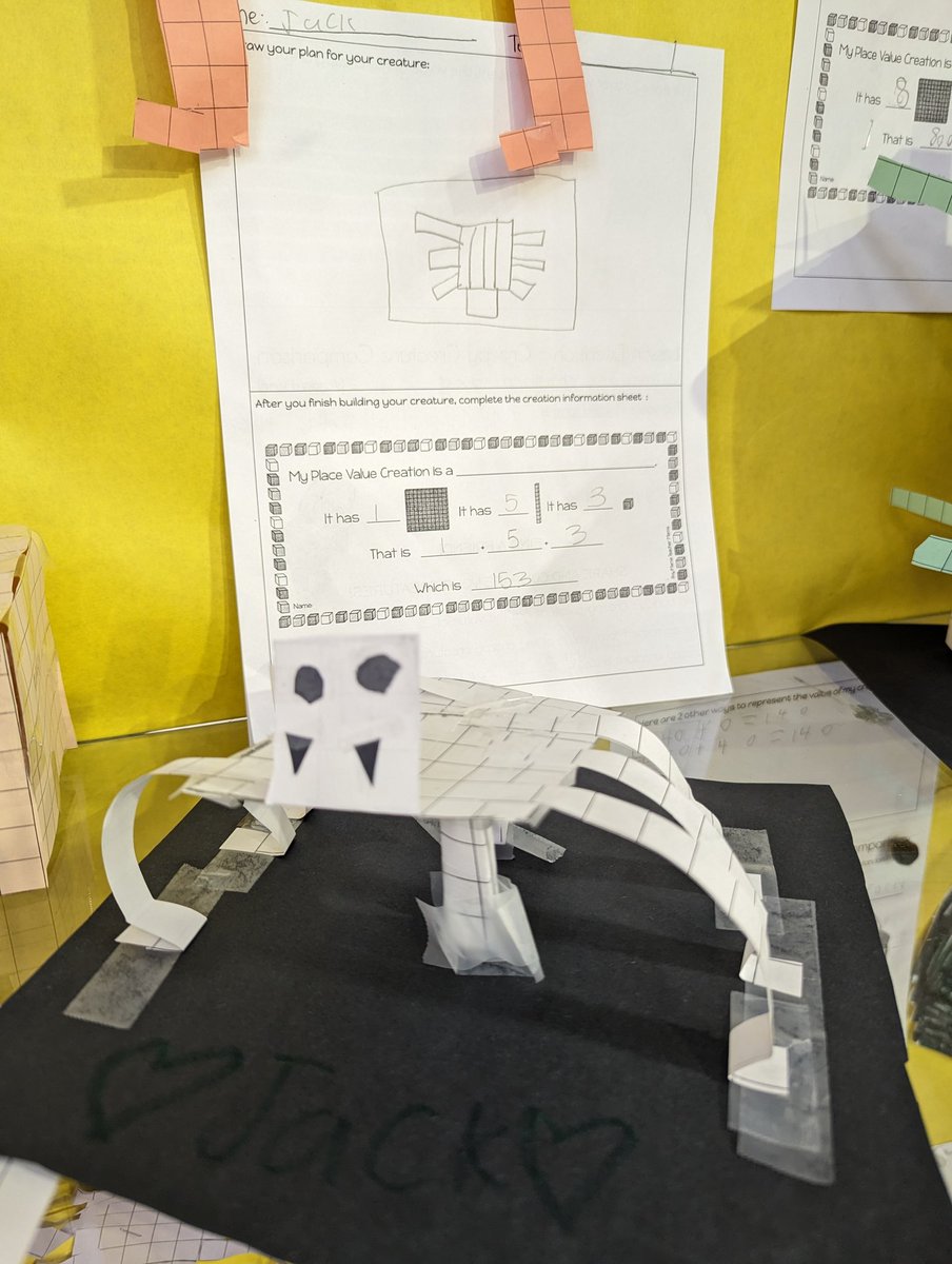 They understood the assignment. Use paper place value blocks to create a math monster. Try making part of the design 3D with flat paper. Find the value of your creature and represent it in multiple ways. #MaeSTEAM #STEMeducation #elementarysteam