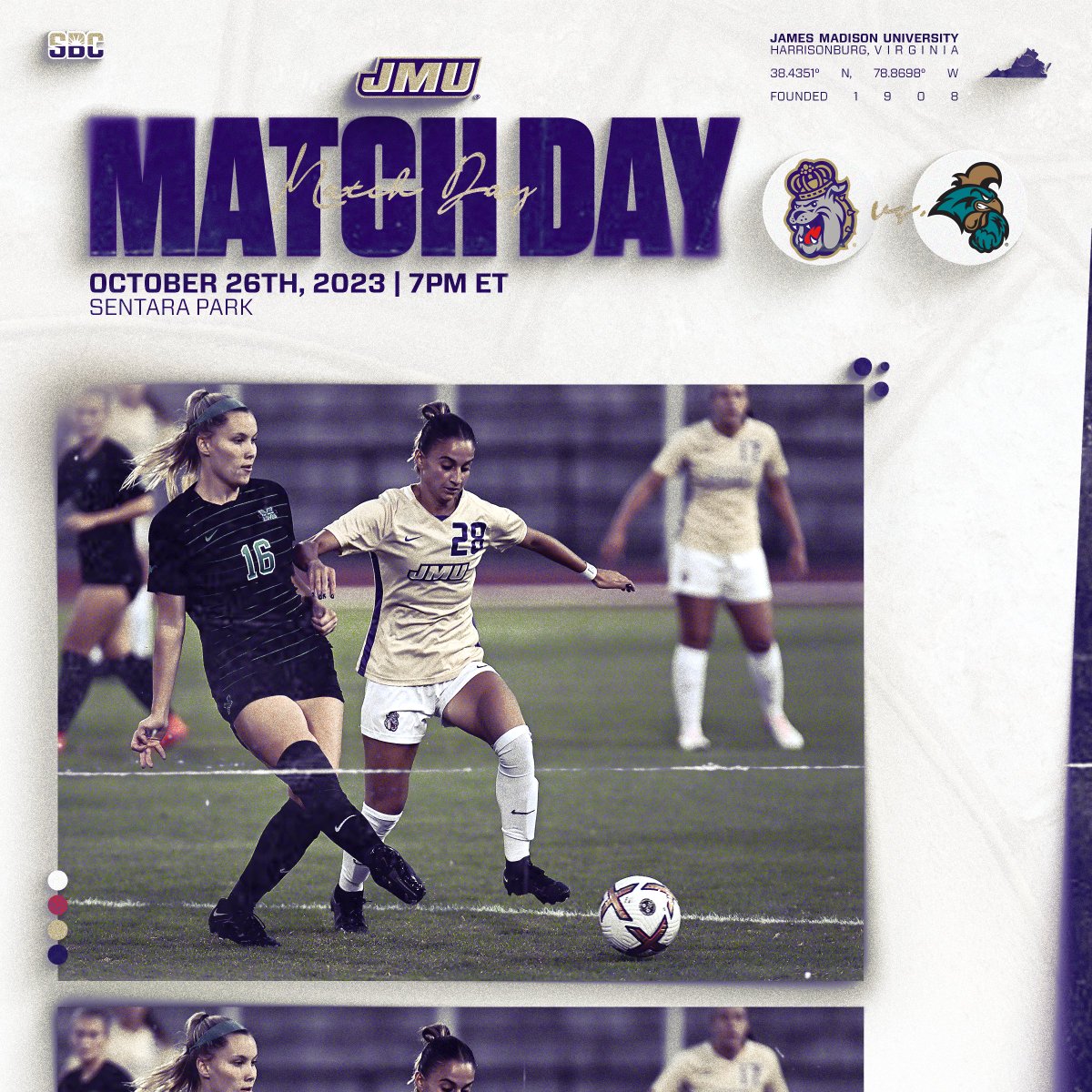 JMUWSoccer's tweet photo. Let's do it one last time at Sentara!

🆚 Coastal Carolina
📍 | Sentara Park
🕒 | 7 p.m.
🖥️ | https://t.co/7YYS6FUGXn
📊 | https://t.co/nju2BFgNEi
🎁 | Homecoming t-shirt

#GoDukes https://t.co/AqPdRoAnNk