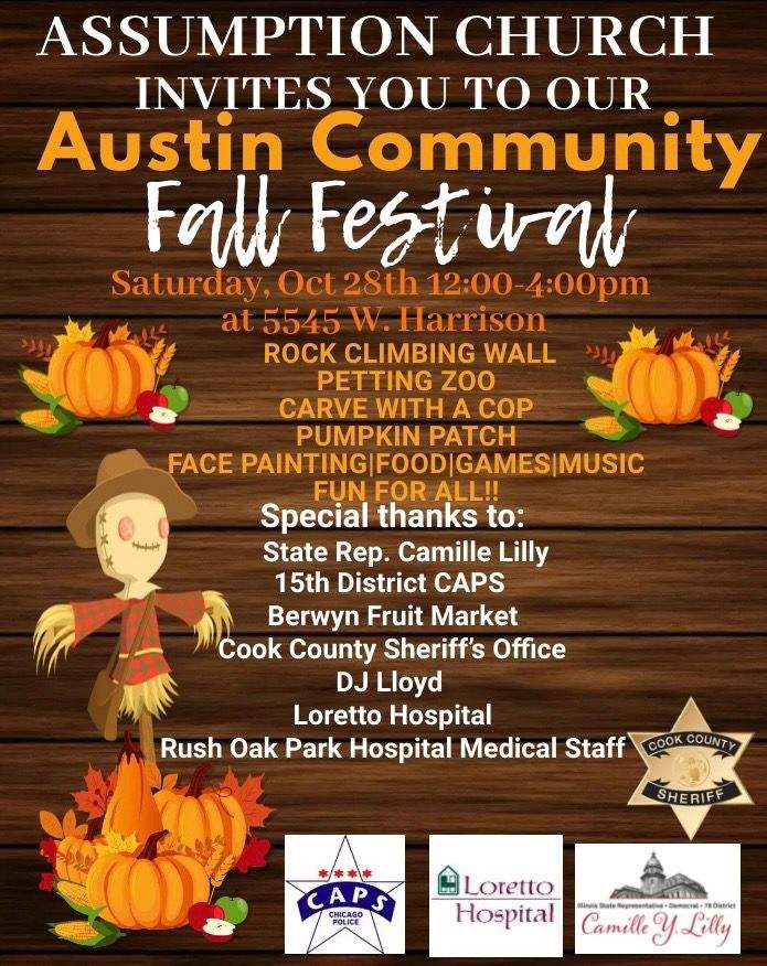 ChicagoCAPS15's tweet photo. Join the 15th District at the Austin Community Fall Festival this Saturday Oct 28th 12pm til 4pm. Carve with Cop will have officers carving free pumpkins with all youth in attendance. Plus petting zoo, rock climbing wall, and food.
#thatsjust15thcpd 
#ChicagoPD https://t.co/9ZwTA3Q4QU