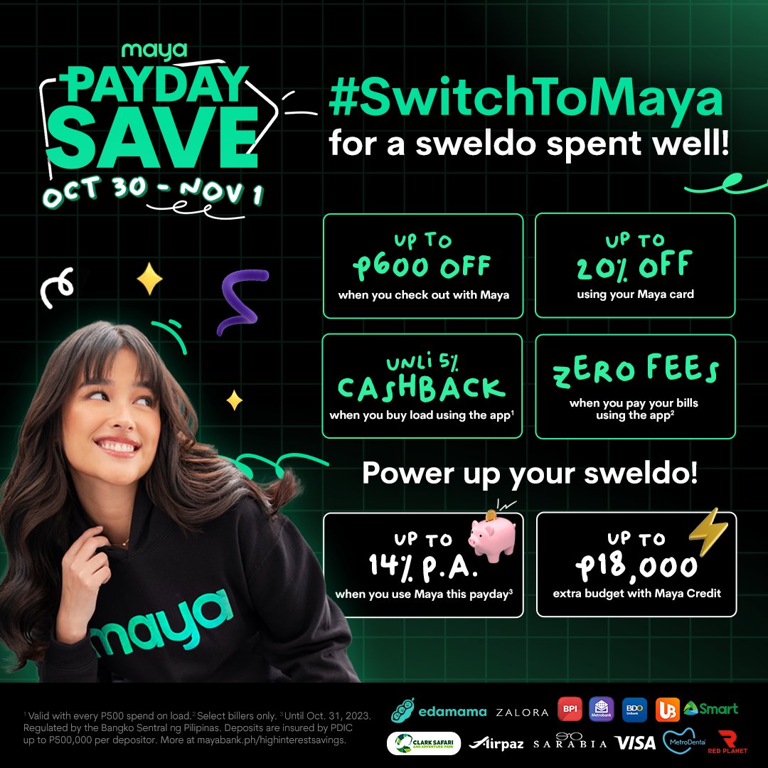 mayaofficialph's tweet photo. It's the perfect time to #SwitchToMaya, sa dami ng #PayDaySave deals 🤑 Save &amp; spend with us? ❤️

See all deals at https://t.co/MnWWHSI2CT https://t.co/Ni9WATe8DL