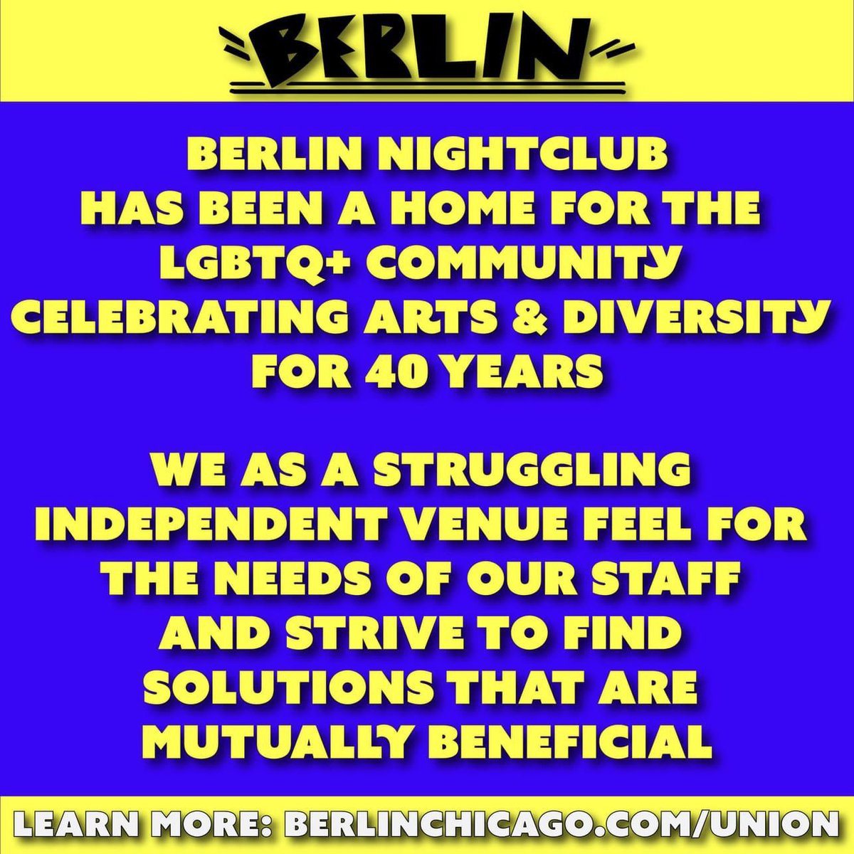 If you are a fan of @BerlinNightclub, but feel torn because of the recent news about the Union, please read an open letter from Berlin's owners. berlinchicago.com/union.html