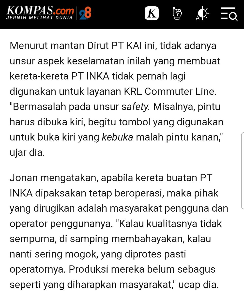 Nambahin, "Bermasalah pada unsur safety. Misalnya, pintu harus dibuka kiri, begitu tombol yg digunakan untuk buka kiri yg kebuka malah pintu kanan."

"Kalau nnti mogok, yg disalahkan operatornya."

Perkataan pak Jonan di atas bener semua 😭😭😭