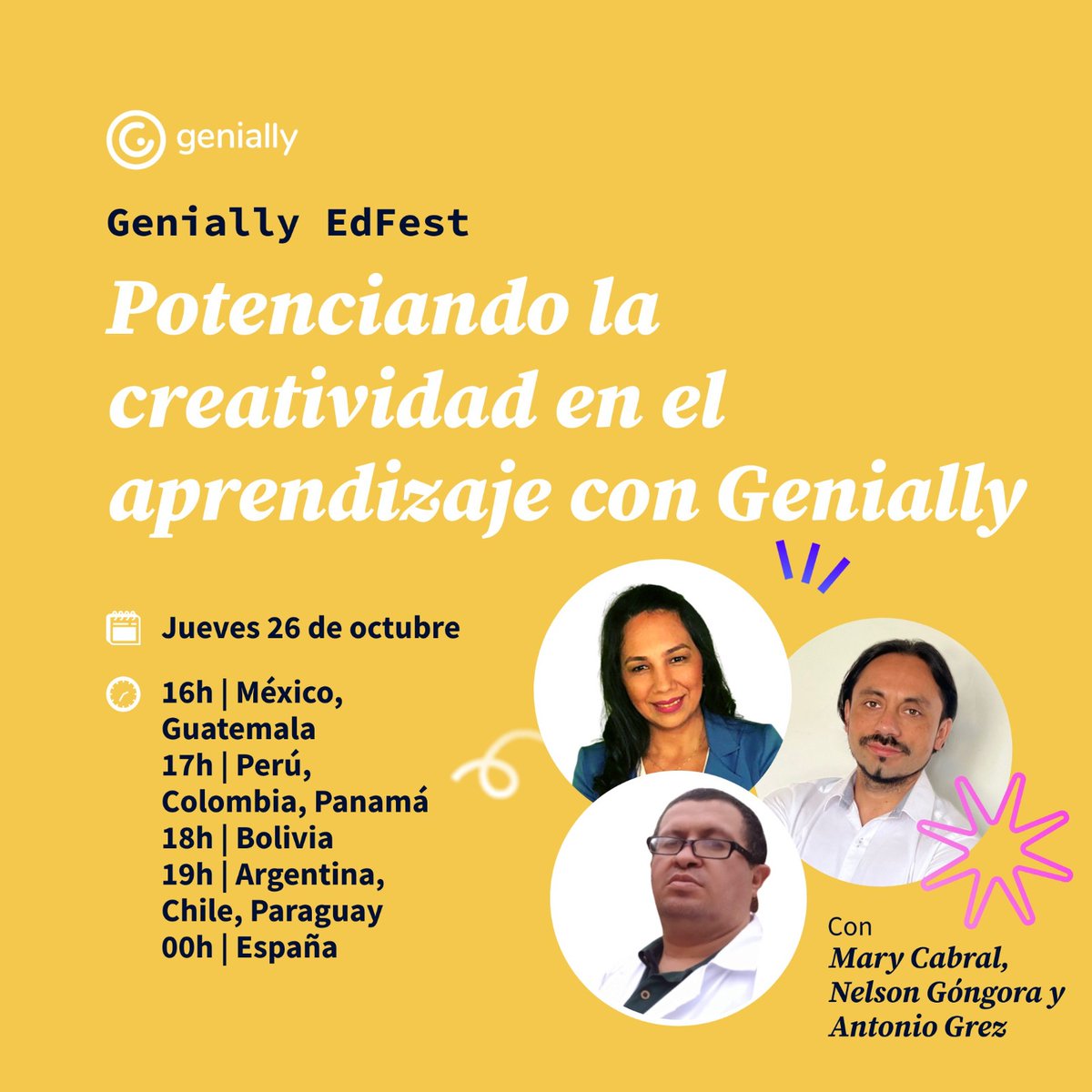 Muchas gracias al equipo <a href="/genially/">Genially</a> <a href="/genially_es/">Genially (Español)</a>, a Andrea Carolina Pilipposian por la invitación para compartir experiencias junto a <a href="/merycarolyna/">Mary Cabral Franco</a> y @nygongora 👏 la cita es este jueves 26 de octubre a las 16:00 hrs 🇲🇽 19:00🇨🇱
#GeniallyEdFest 

+Únete: 
🔴youtube.com/watch?v=ZFr50D…