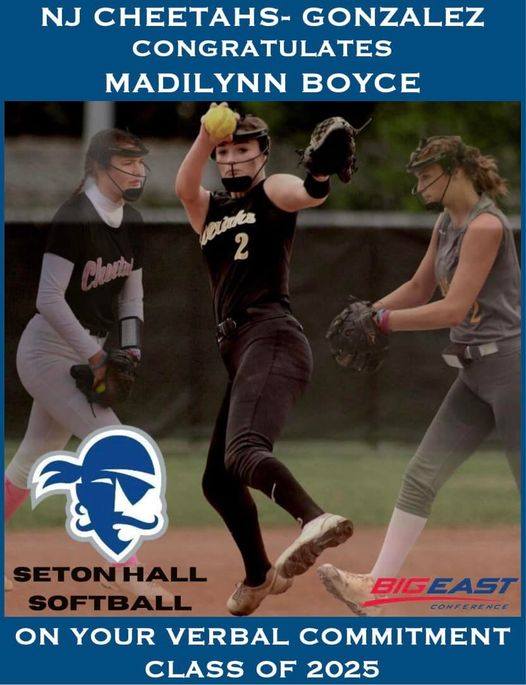 NJCheetahsGonz's tweet photo. Congratulations @madilynnboyce_ on your verbal commitment to Seton Hall University. The Pirates are getting bulldog on the mound and a great teammate on and off the field! We are so proud of you! Thank you to @CoachChurchill @lauramess_ @eschaffer12 for coming to watch us play! https://t.co/VEmKamilZO