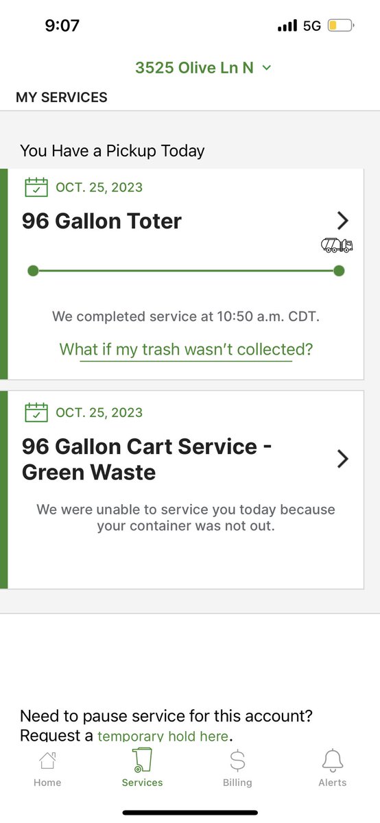 ⁦⁦<a href="/WasteManagement/">WM</a>⁩ - wondering why the yard waste wasn’t picked up again so went to the app. Funny to see my container wasn’t available when I put out the night before.  #notthefirsttime