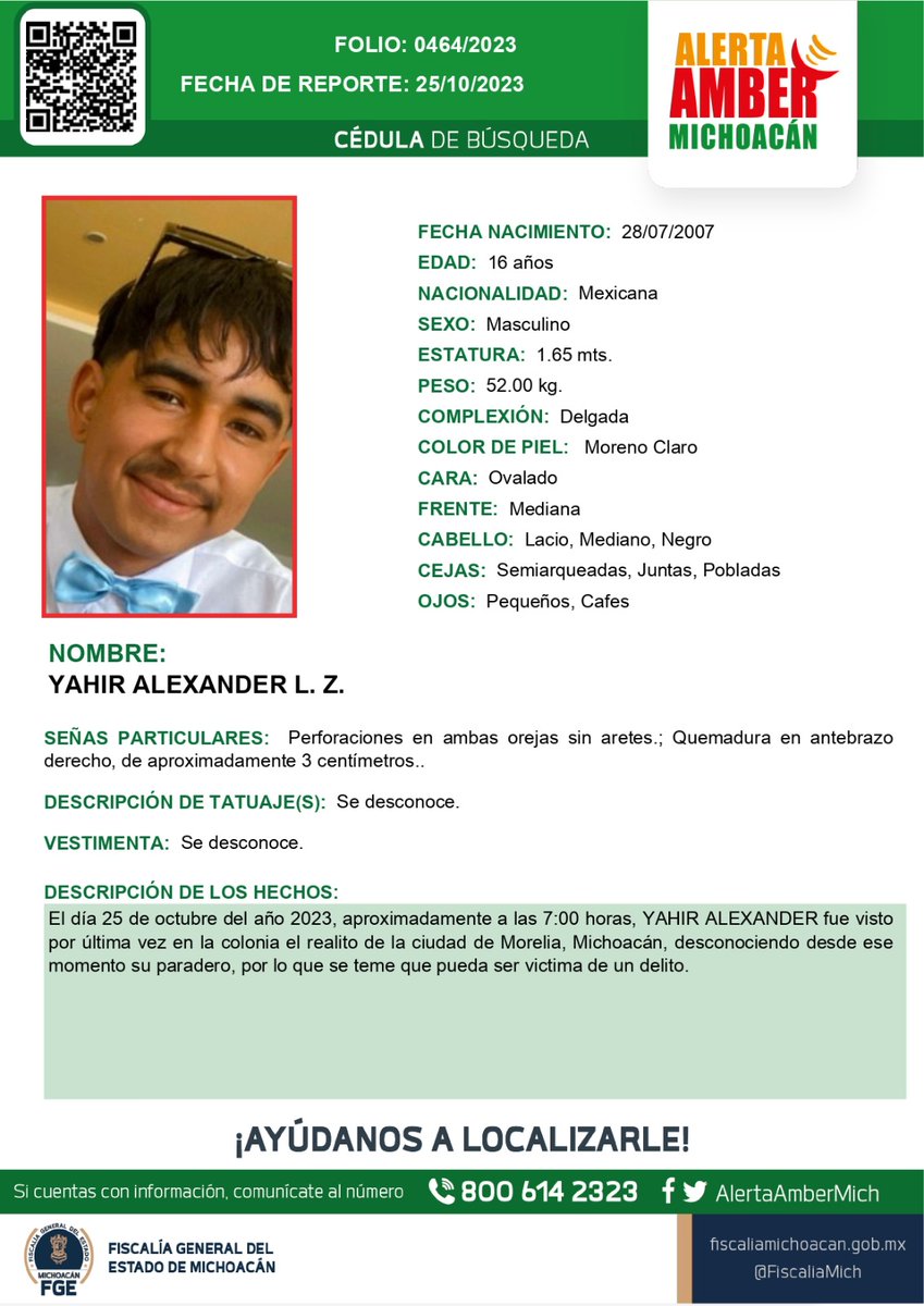 ⚠️🟠Solicitamos su apoyo para la búsqueda y localización de YAHIR. ALEXANDER L.Z. de 16 años de edad. #AlertaAmberMx #AlertaAmberMich #FGEMich <a href="/botDesaparecidx/">BotDesaparecidx</a>