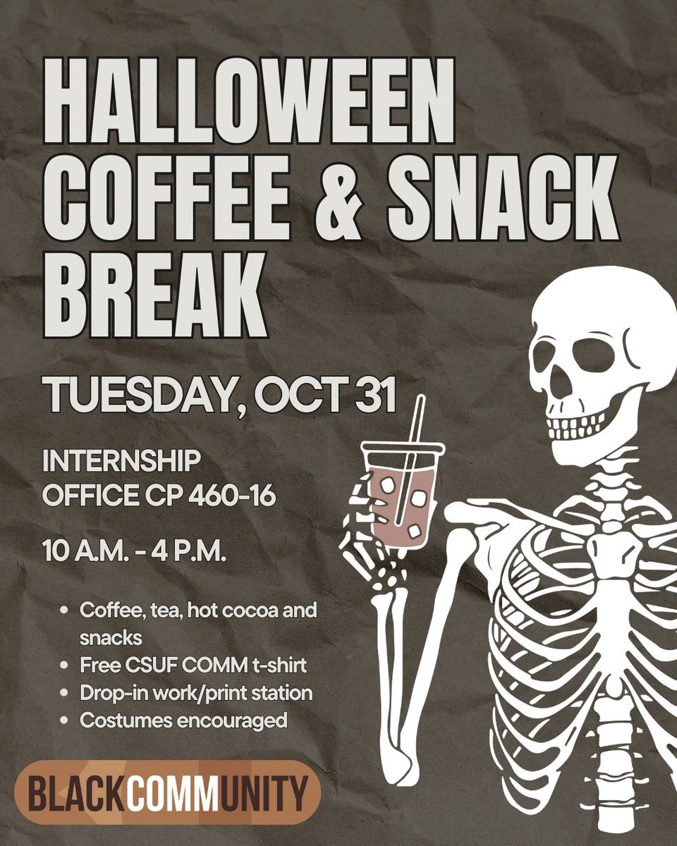 Come get your witches brew and treats ☕️🎃 Stop by the internship office CP 460-16 to get a CSUF Communications Department shirt, some snacks, a yummy drink (hot cocoa, coffee, tea), and use the work/print station provided on Halloween from 10-4 p.m. See you ghouls there!