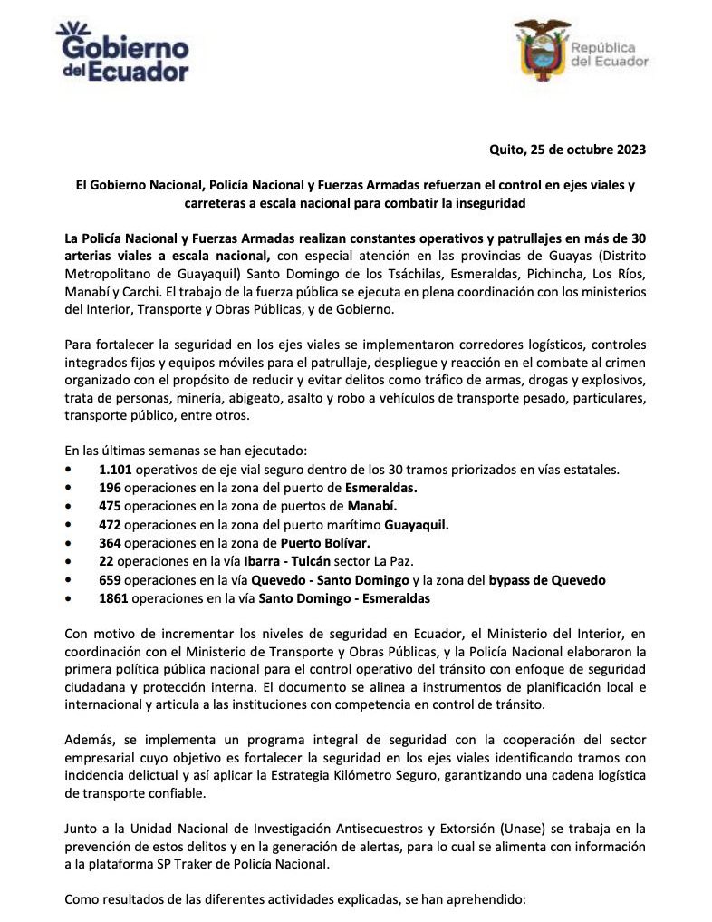 MinGobiernoEc's tweet photo. 🔴 Importante | El Gobierno Nacional, @PoliciaEcuador y @FFAAECUADOR refuerzan el control en ejes viales y carreteras a escala nacional para combatir la inseguridad.🔽 https://t.co/2AV5lLyqwm
