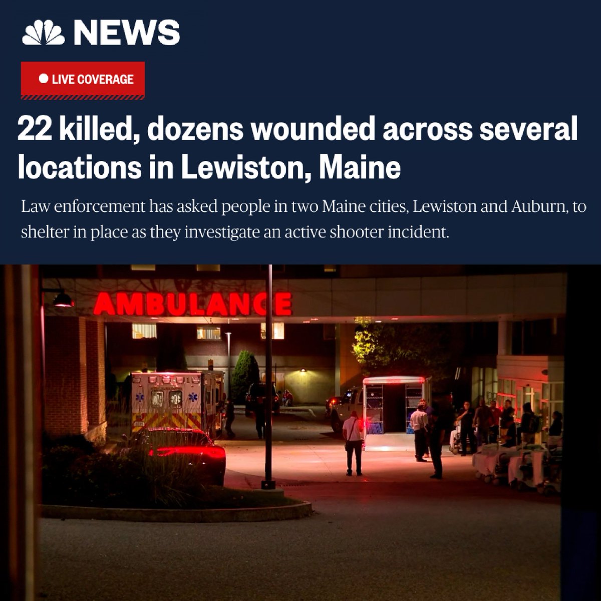 At least 22 people have been killed and as many as 50 more are wounded following multiple shootings in Lewiston, Maine. How many more people are we willing to sacrifice in exchange for unfettered access to guns? Gun violence is preventable—NOT inevitable.
nbcnews.com/news/us-news/l…