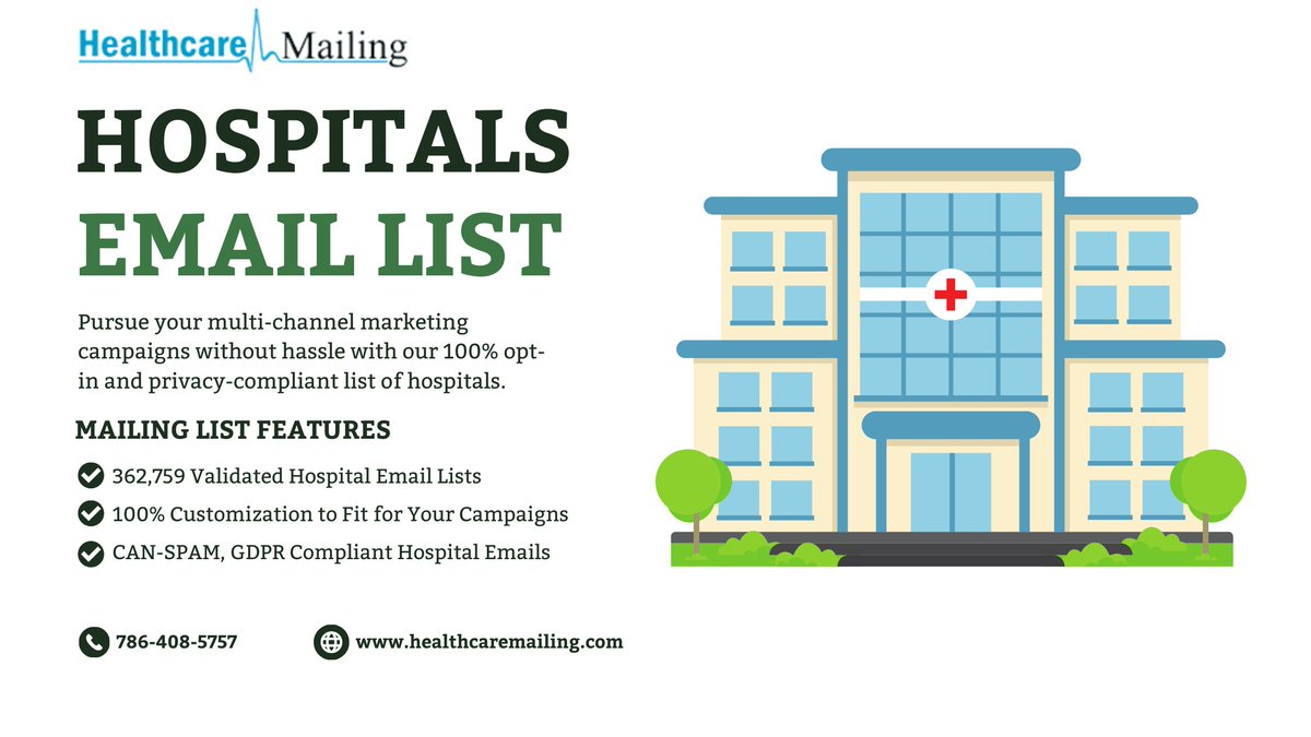 Get access to our hospital mailing list and start reaching out to hospital professionals today!
healthcaremailing.com/mailing-lists/…
#hospitalmailinglist
#hospitalemaillist
#hospitalemaildatabase
#b2bemaillist
#healthcaremailing
