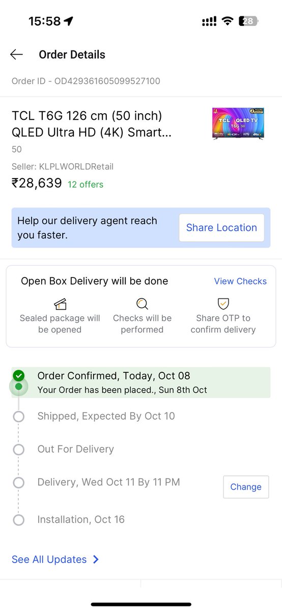udnukyaja's tweet photo. @thetrueindian @Flipkart I had a similar experience, ordered 50 inch TCL on 8th Oct and got delivery of a different TV 43 inch Infinix, the delivery boy insisted on having the OTP to process return. We refused delivery, took @Flipkart more than 10
days to refund. Big billion days are not for everyone https://t.co/fugdnSPlT2
