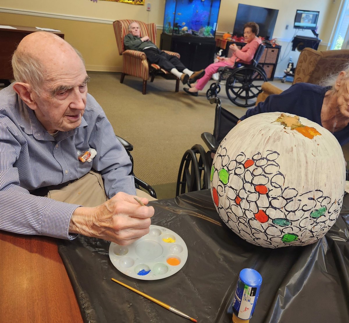 For several days now our BFFs have been working on transforming this large pumpkin into a gumball machine.  It is coming along nicely!  Stay tuned for the finished product!  #SeniorLivng #Lexington #TrilogyBFF