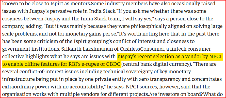 logic's tweet photo. https://t.co/V3m846LmUm
#CashlessConsumer calling out the @Juspay conflict of interest problem in #CBDC #eRupeeRetail #UPI in @ETPrime_com (paywalled) feature on the company.
🧵 https://t.co/bGZWsQv8Cw