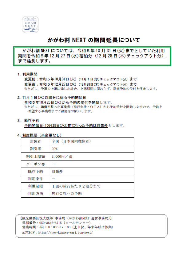 【重要なお知らせ】 かがわ割NEXTの期間延長について  「かがわ割NEXT」につきまして、利用期間を令和5年12月27日(水)まで延長します。 なお、令和5年10月25日(水)より前に行った予約は対象外となりますのでご注意ください。