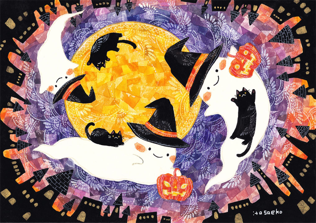 cat no humans hat witch hat halloween black cat painting (medium)  illustration images