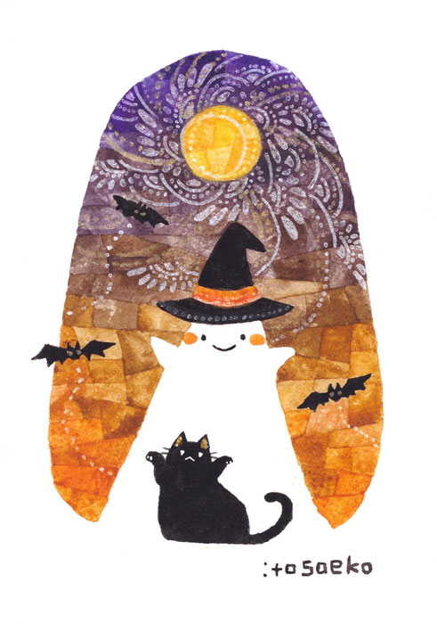 cat no humans hat witch hat halloween black cat painting (medium)  illustration images