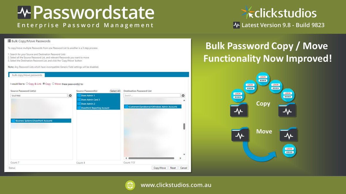 click_studios's tweet photo. Introduced in #passwordstate Build 9795, the Bulk Password Copy/Move functionality in the Administration area has been updated. You must now search for &amp; specify both Source and Destination Password Lists before selecting what you want to copy or move. See https://t.co/MC04QpDMbf https://t.co/yTTv26qxq8