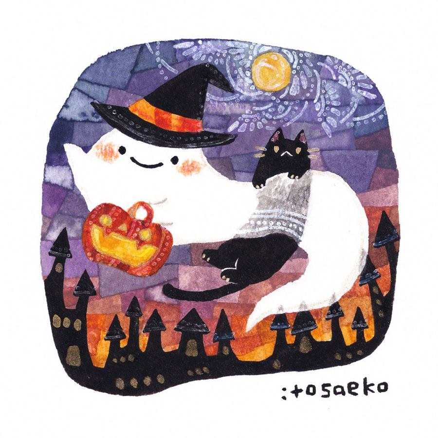 cat no humans hat witch hat halloween black cat painting (medium)  illustration images