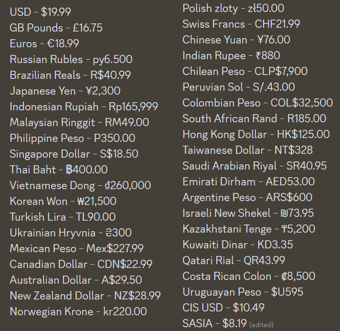 BTW, regarding the price of Future Fragments on Steam, here's what we'd be charging for each country<a href="/tag/animeexpo"class="tags"><span>#animeexpo</span></a><a href="/tag/denpasoft"class="tags"><span>#denpasoft</span></a><a href="/tag/animeexpoartistalley"class="tags"><span>#animeexpoartistalley</span></a>