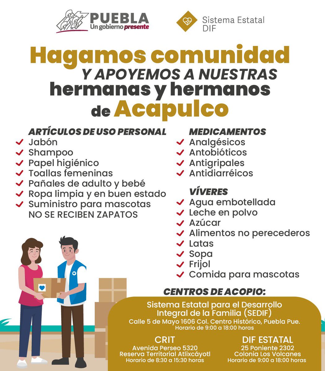 Conozca los Centros de Acopio que el Gobierno del Estado de #Puebla ofrece para la recolección de víveres y artículos de higiene personal en apoyo a la población de #Acapulco. 👇 

#Otis