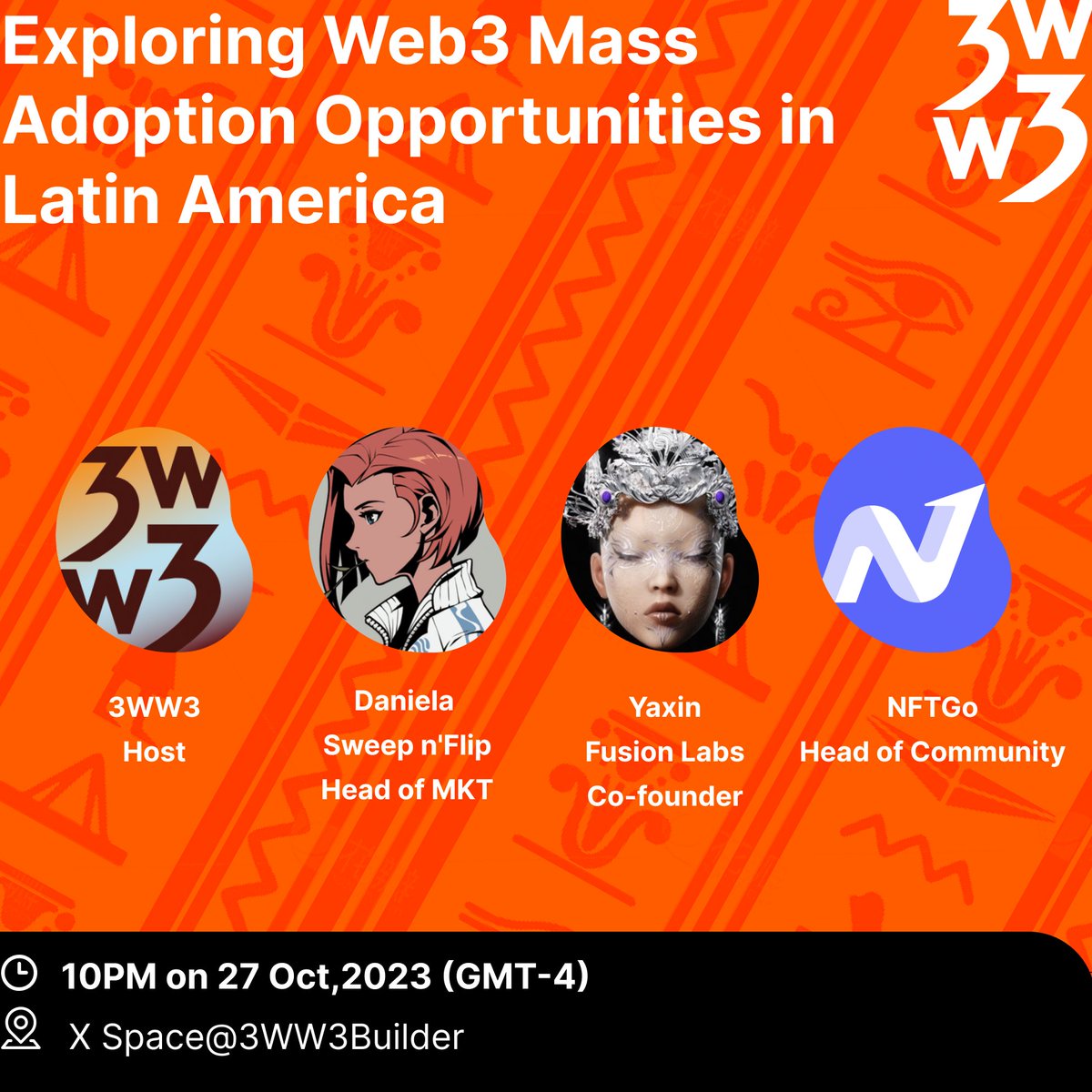 3WW3Builder's tweet photo. 🙋Join us for the Latin America episode of 3WW3 Mass Adoption Serial Space!
✨We'll be discussing the potential and barriers of crypto adoption in Latam with amazing guests from @nftgoio, @ElectricGoatPod, and @danimimm

⏰10PM on 27 Oct, 2023 (GMT-4)  
📍 3WW3 Twitter Space

 @3WW3Builder @Research3ww3 
#cryptocurrency #LATAM #3WW3 #3WW3research