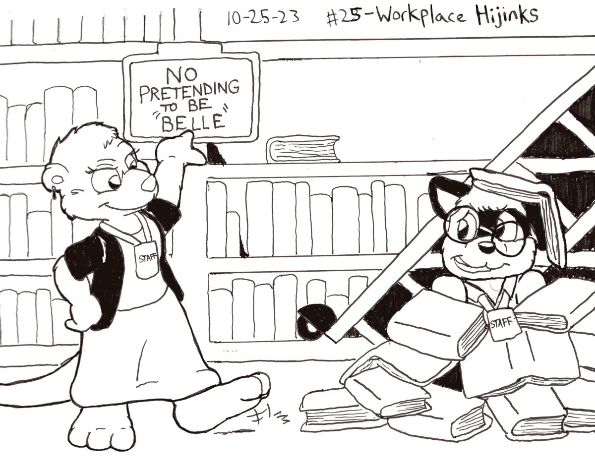 #Inktober Day 25 - Workplace Hijinks

There aren't as many libraries with those fun rolling ladders anymore, but all of us libraryfolk still know this rule far too well. It's terribly tempting...
#art #furryart