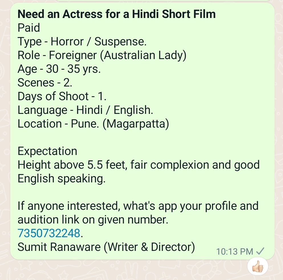 FiveBirdsTeam's tweet photo. *Need an Actress for a Hindi Short Film* 
If anyone interested, what's app your profile and audition link on given number. 
7350732248. 
Sumit Ranaware (Writer &amp; Director) https://t.co/DhNYclFSi9