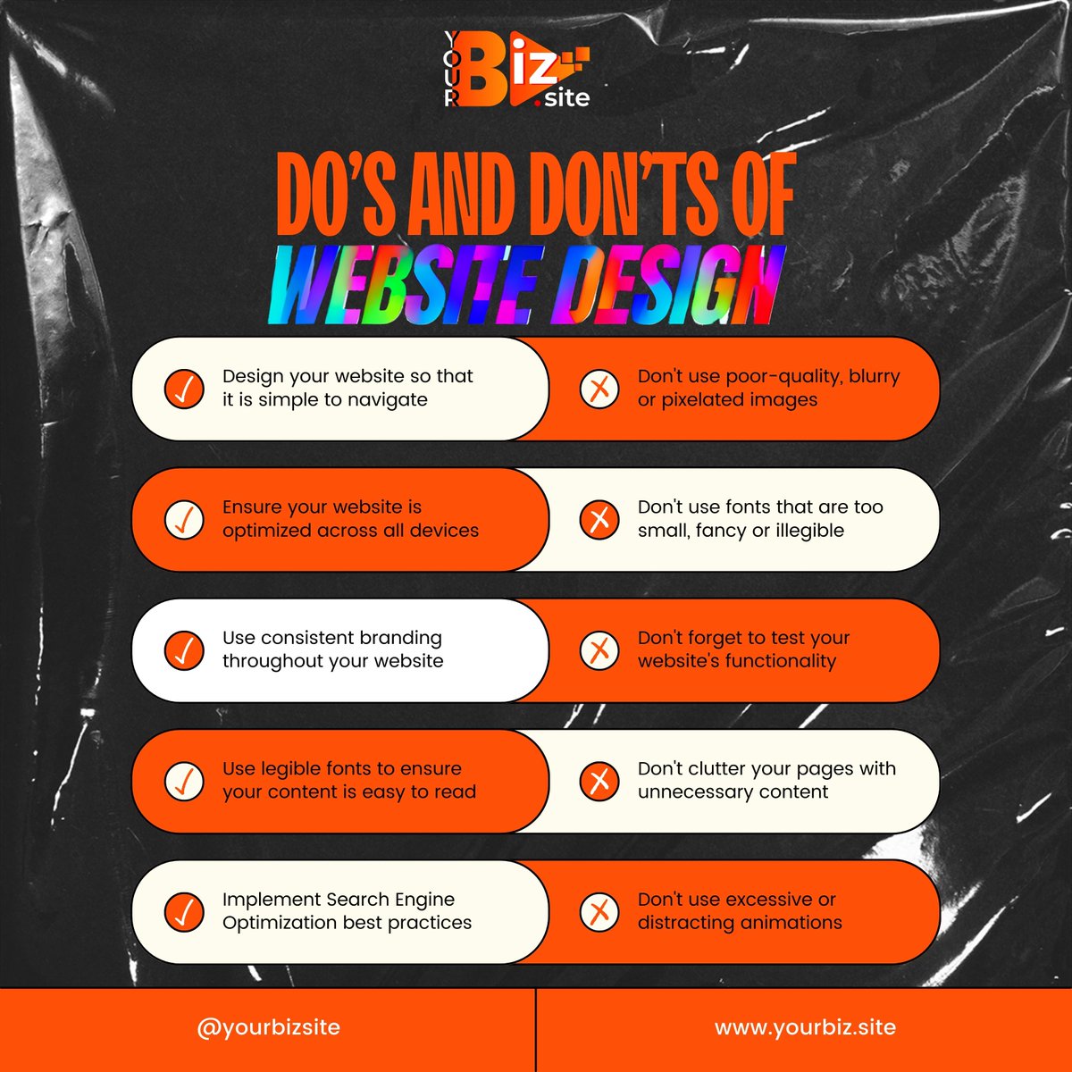 YourBizSite's tweet image. Do and Don&apos;ts of website design

#webdesign
#websitedesigntips
#websitedesignbestpractices
#webdesignmistakes
#webdesigninspiration
#uxdesign
#uidesign
#freelancewebdesign
#smallbusinesswebdesign
#ecommercewebdesign