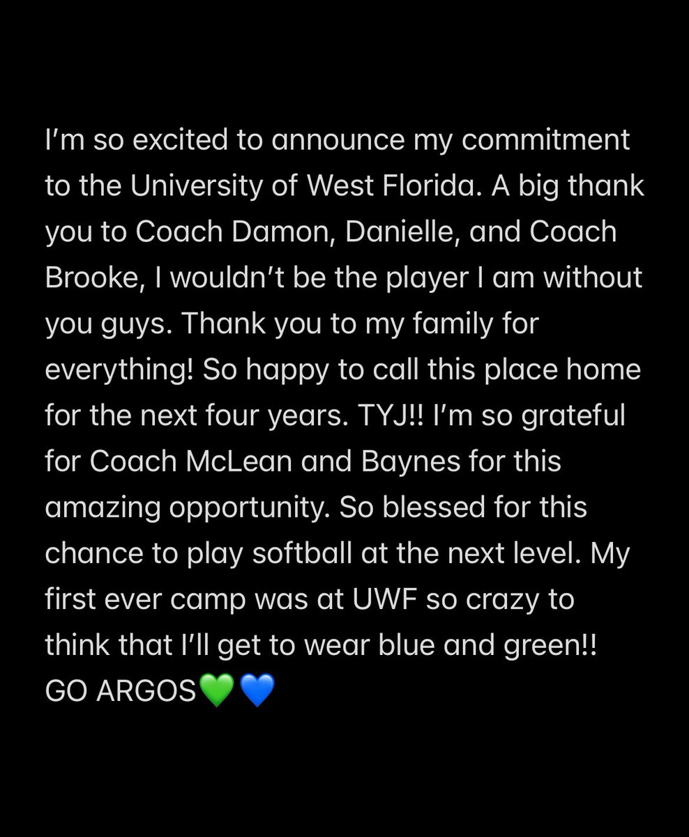 MaryMargaretFo5's tweet photo. I’m very blessed to announce my verbal commitment to further my academic and athletic career at the University of West Florida!! Go ARGOS💙💚 @ashlieghmclean @BaynesCoach @UWFSoftball https://t.co/NhYxVEnIkD
