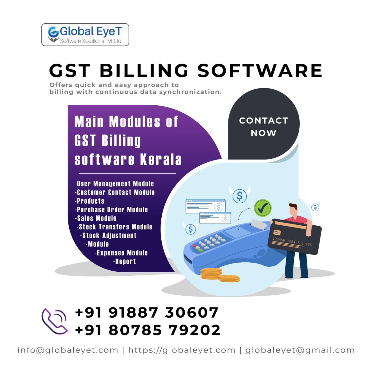 GlobalEyet's tweet image. Looking for the best GST Billing Software in Kerala?  Look no further! 
Say goodbye to manual calculations and paperwork. Our GST Billing Software is here to simplify your business operations. 
Boost your productivity and streamline your business with our #GSTBillingSoftware. 📷