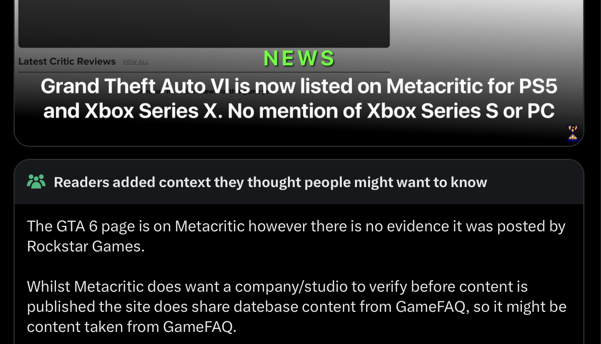 GTA 6 Trailer Countdown ⏳ on X: .@CommunityNotes, the post doesn't imply  or mention that it was posted by Rockstar, it's only official because  Metacritic has to manually verify a game before